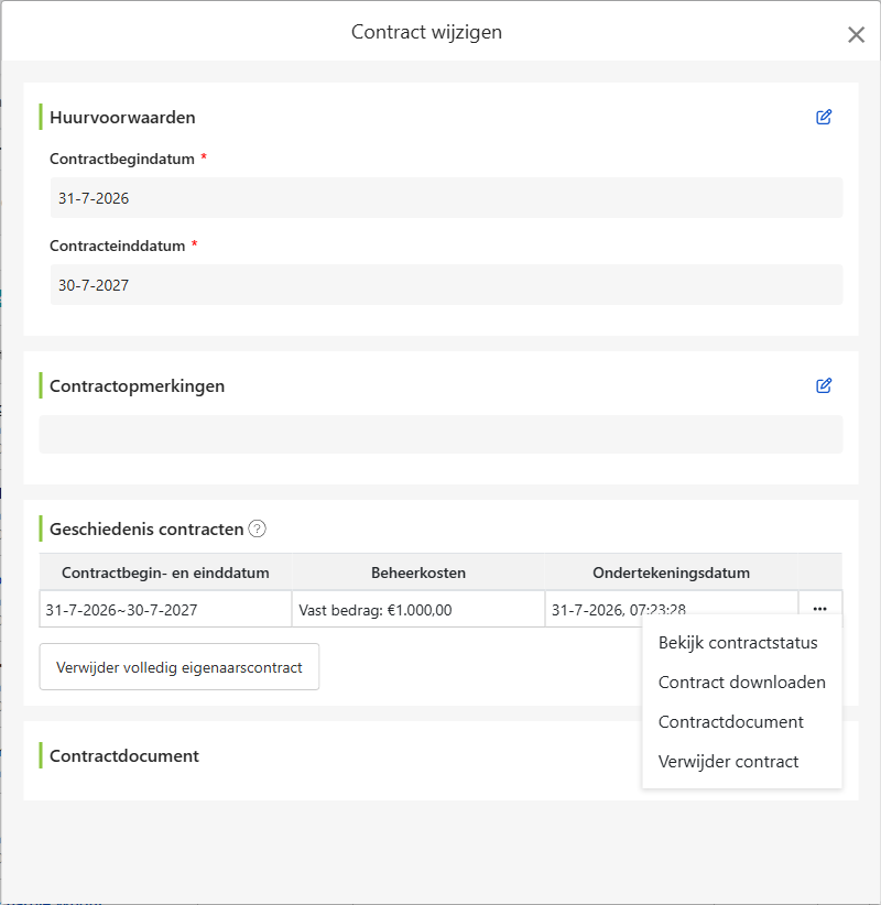 Eigenaarcontractwijzigingsscherm: Opdrachtperiode, contractopmerkingen, huurgeschiedenis en contractdocumenten