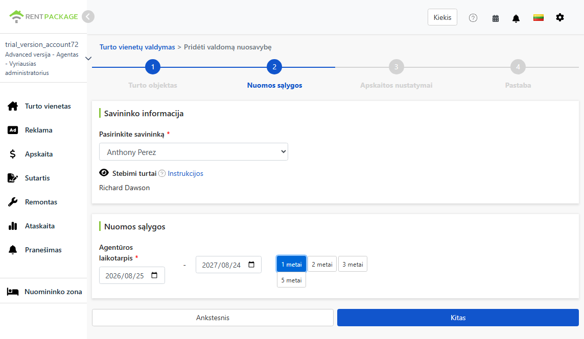 Pasirinkti savininką, sekamus objektus ir pavedimo trukmę