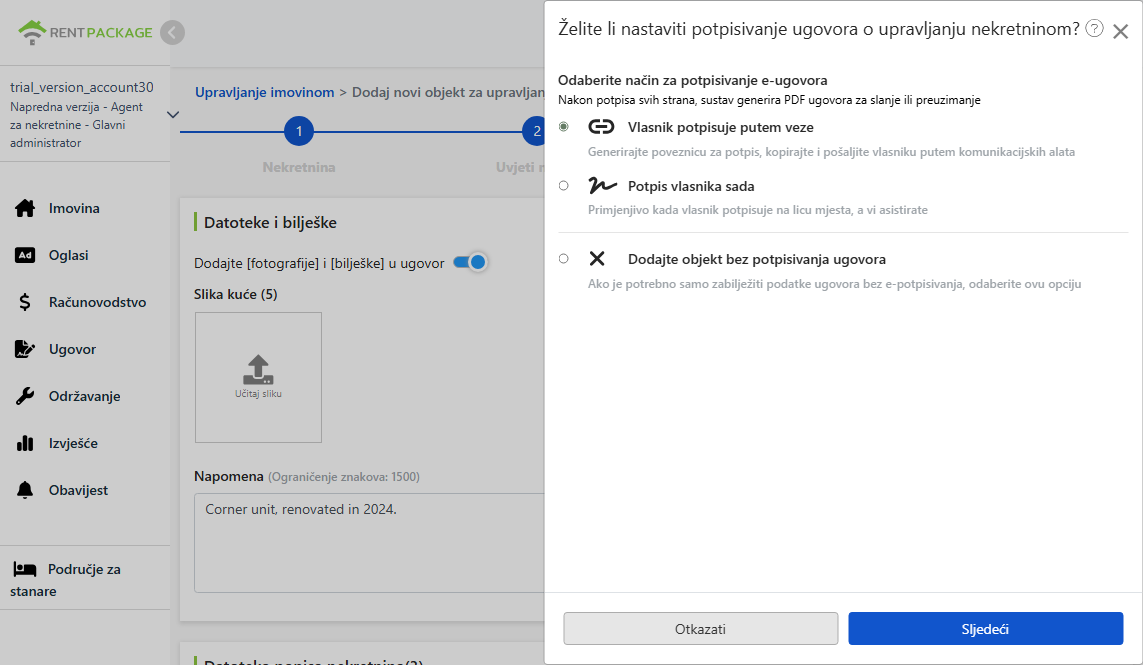 Odaberite opciju e-potpisivanja ugovora: Email, poveznica, potpis na licu mjesta ili bez potpisivanja