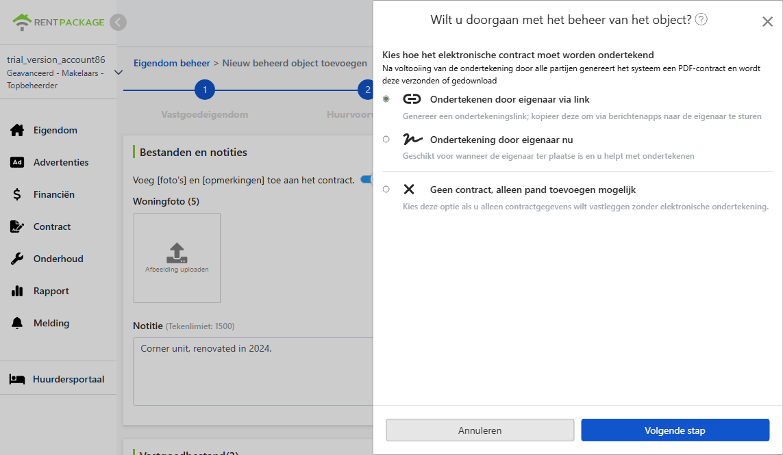 Kies een manier van elektronisch ondertekenen: E-mail, link, ter plaatse ondertekenen of geen contract