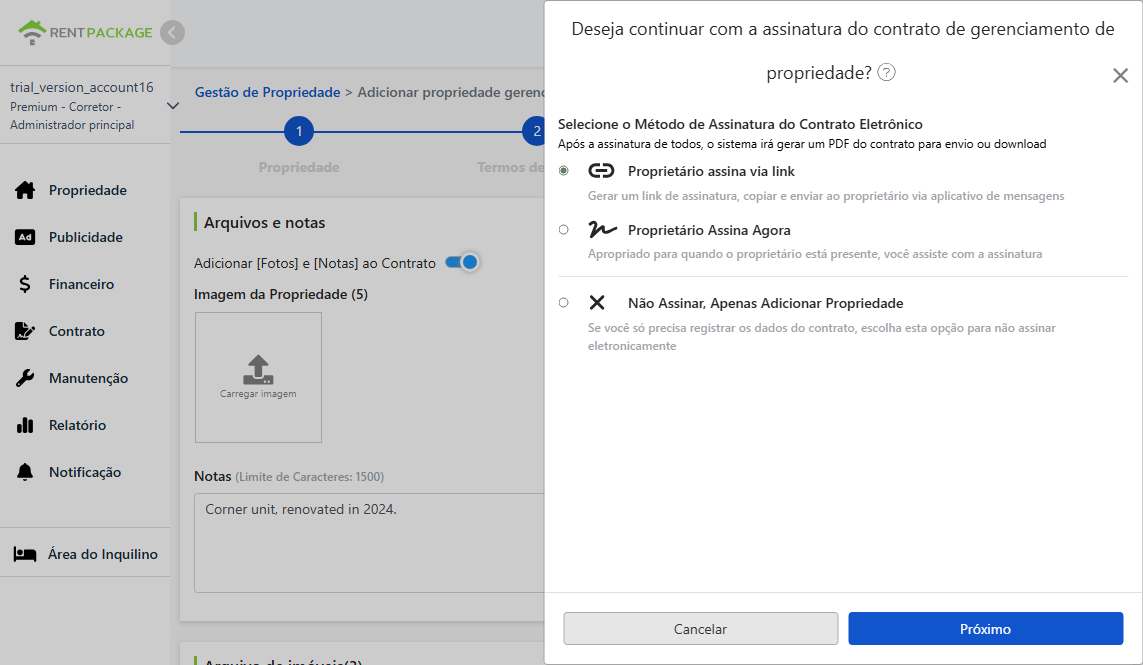 Escolha o método de assinatura de contrato eletrônico: Email, link, assinatura no local ou sem contrato