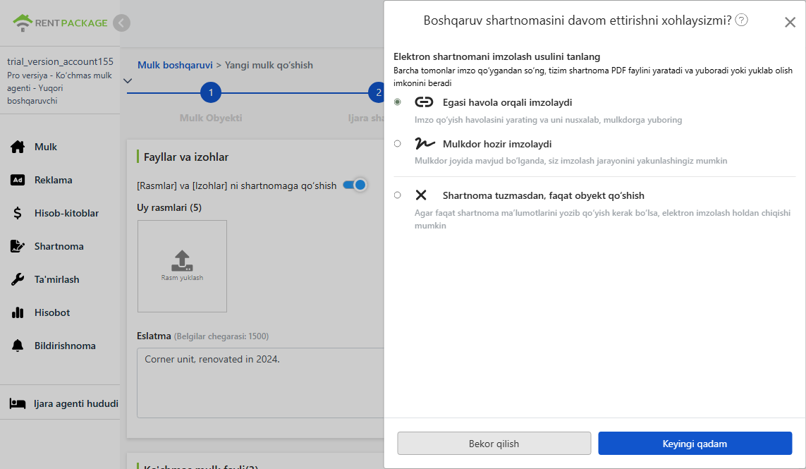 Elektron shartnoma imzolash usulini tanlang: Email, havola, joyida imzolash yoki shartnoma tuzmaslik.
