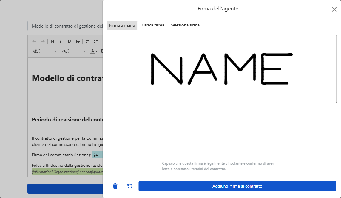 Finestra di firma: disegna, carica o seleziona una firma esistente