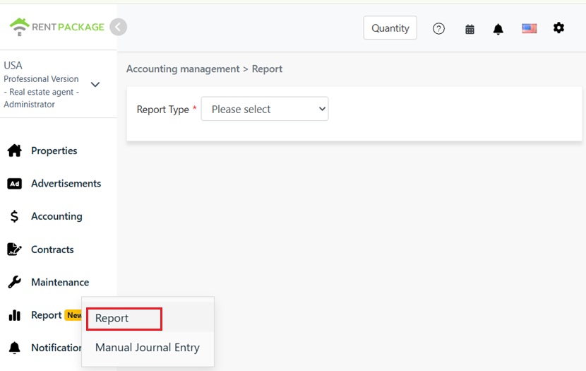 Report entry in left menu Reports