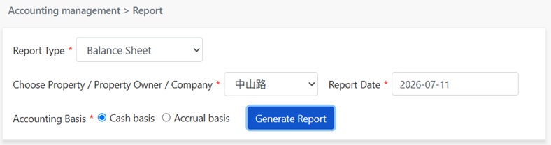 Set balance sheet parameters: report type, target entity, report date, accounting basis.