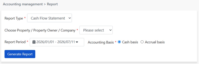 Set cash flow statement parameters: report type, analysis subject, period, accounting basis