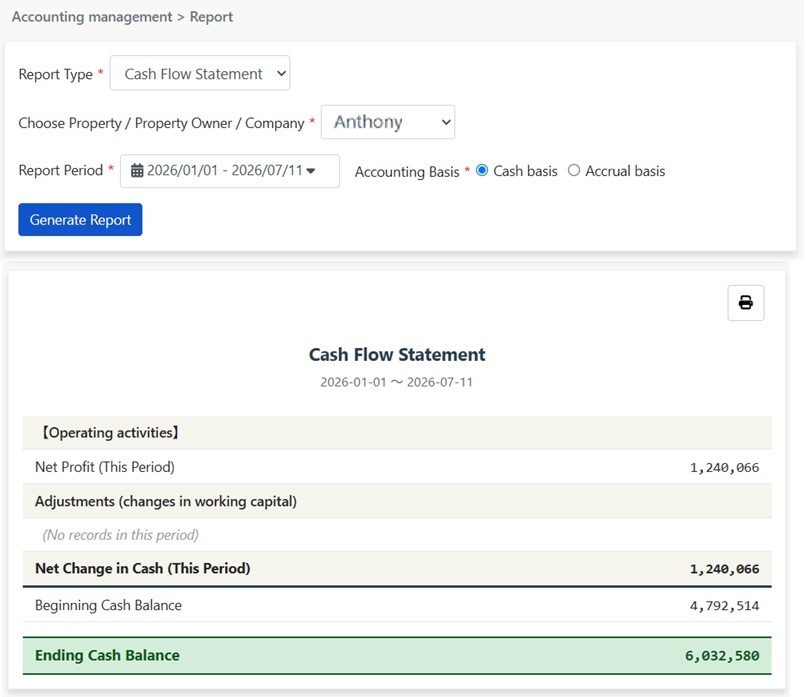 Generated Cash Flow Statement: Operating Activities, Net Cash Flow for the Period, Opening and Closing Cash Balance