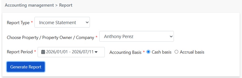 Set Income Statement conditions: Report Type, Scope, Period, Accounting Basis