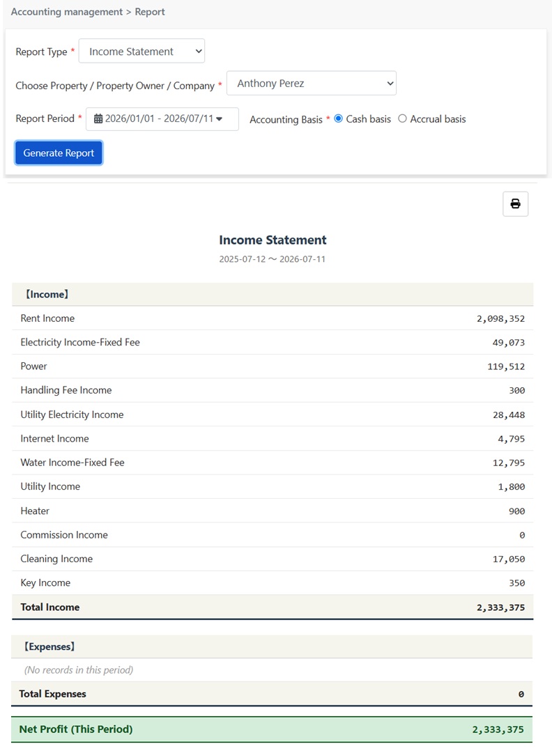 Generated Profit and Loss Statement: Income, Expenses, Net Income This Period