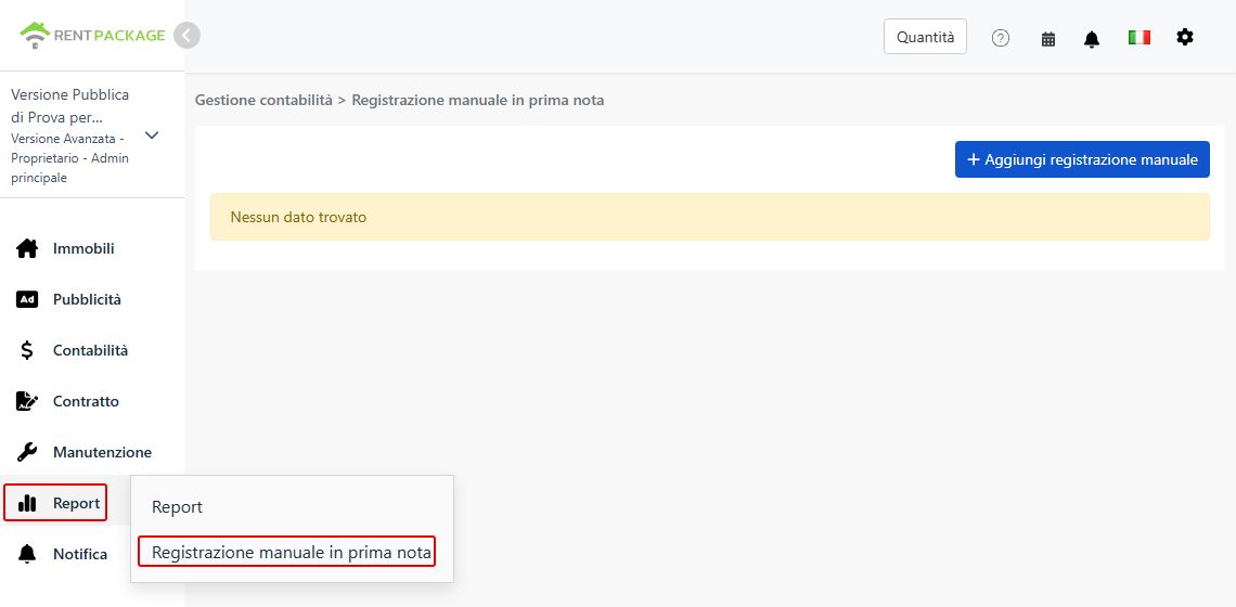 Ingresso Inserimento manuale nei Report del menu a sinistra e pulsante Nuovo