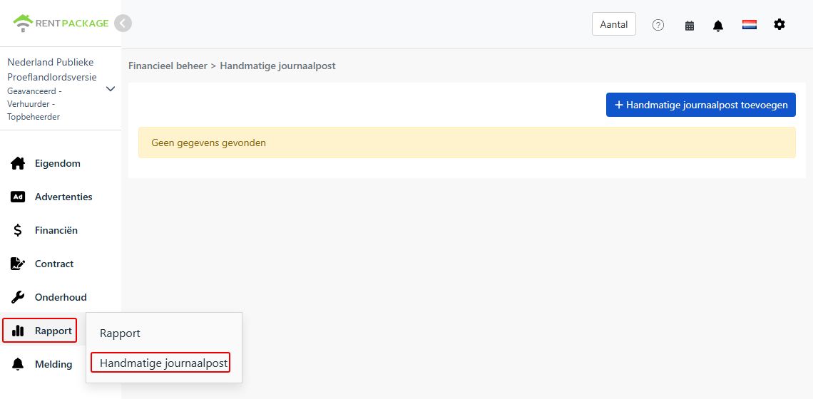 Ingang voor Handmatige Boekingen Invoeren en Nieuwe knop in het linker menu onder Rapporten