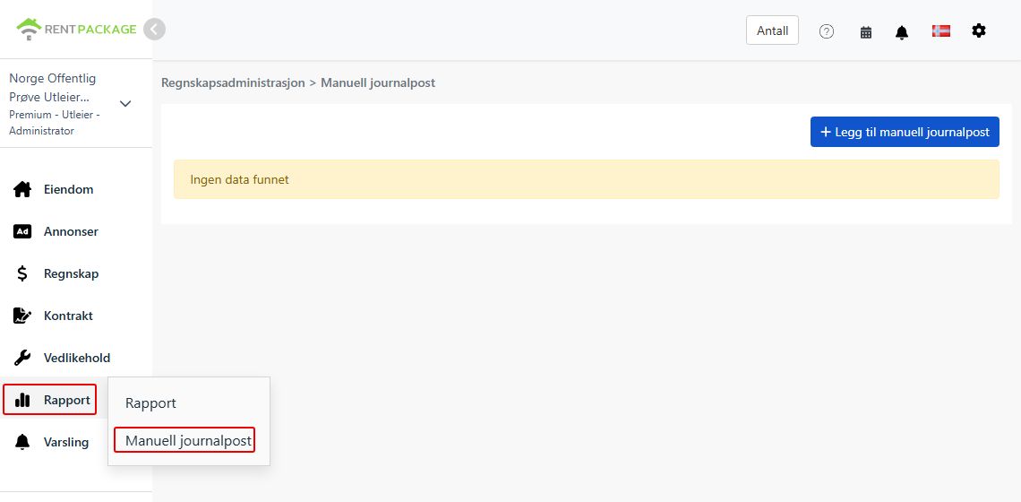 Manuell journalføring i venstremenyen Rapporter med Legg til-knapp