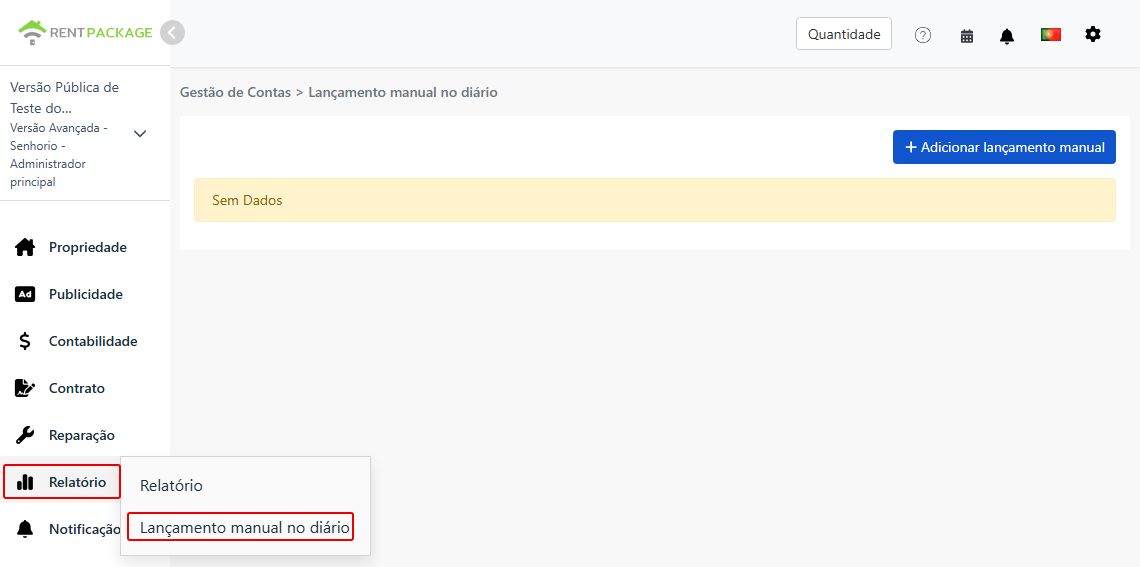 Entrada de Lançamento Manual no menu Relatórios à esquerda e botão Adicionar