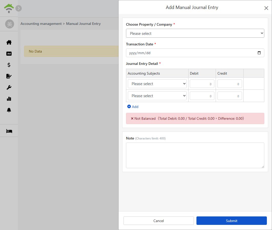 Add Manual Journal Entry: Property, Transaction Date, Entry Details & Debit-Credit Balance Alert