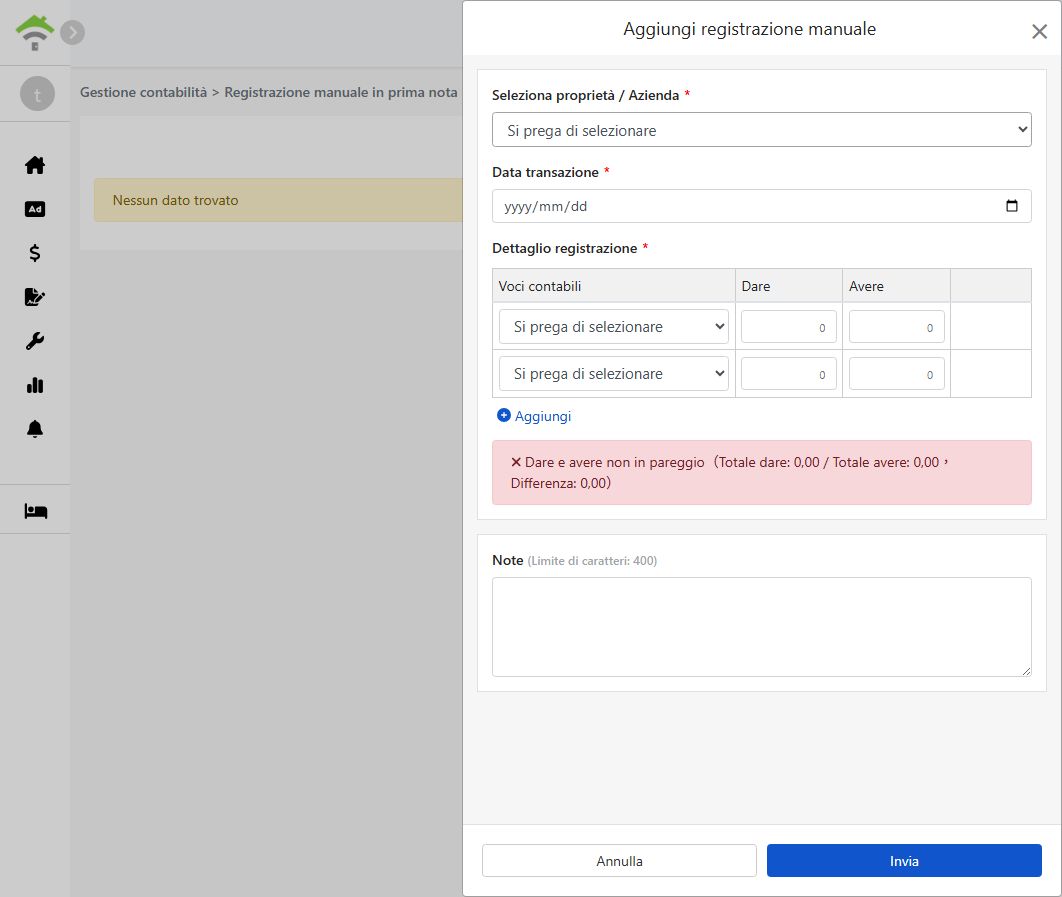 Finestra di nuovo inserimento manuale: oggetto, data transazione, dettagli e suggerimento di bilanciamento Dare/Avere