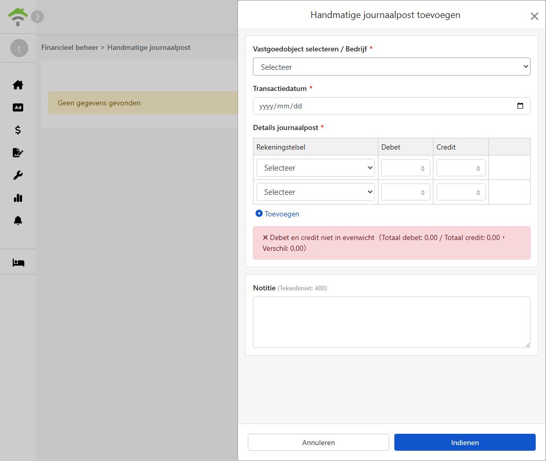 Nieuw handmatig boekstukscherm: Object, transactie datum, boekstukdetails en balanshint