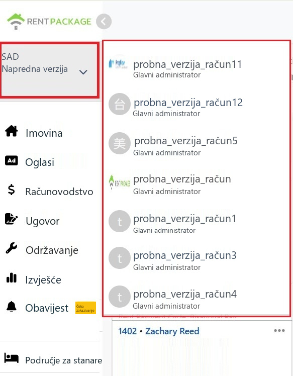 Prošireni popis za prebacivanje podružnica u bloku računa u gornjem lijevom kutu