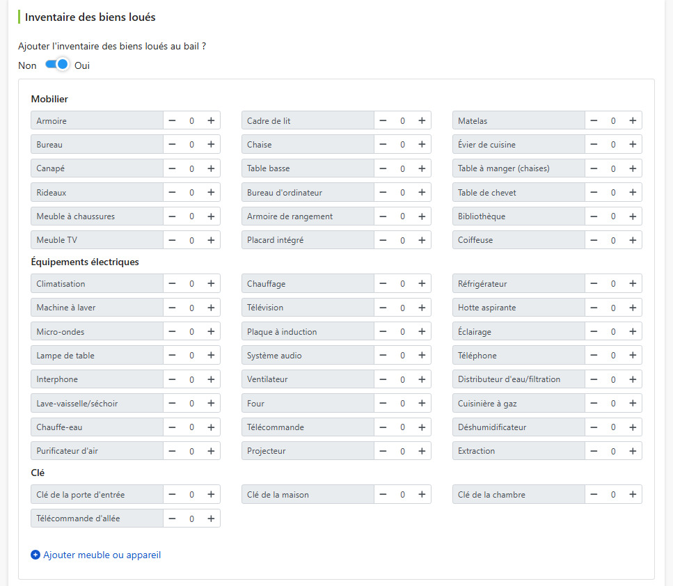 Inventaire des articles loués : sélectionnez individuellement les meubles, appareils, clés et quantités