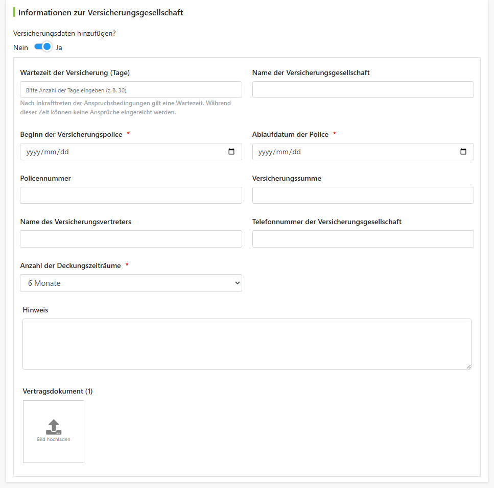 Felder für Versicherungsinformationen