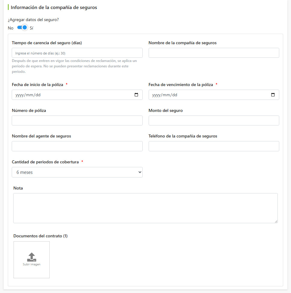 Campos de información de la compañía de seguros