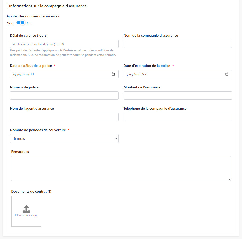 Champs d'information sur la compagnie d'assurance