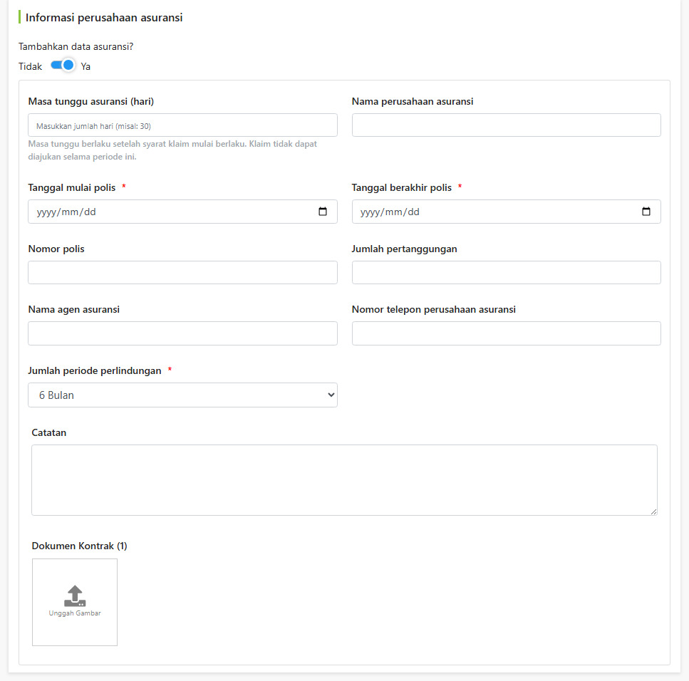 Kolom isian informasi perusahaan asuransi