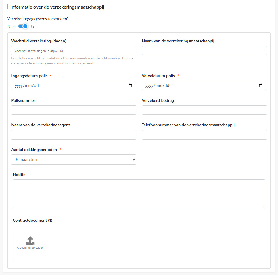 Verzekeringsgegevens invulvelden