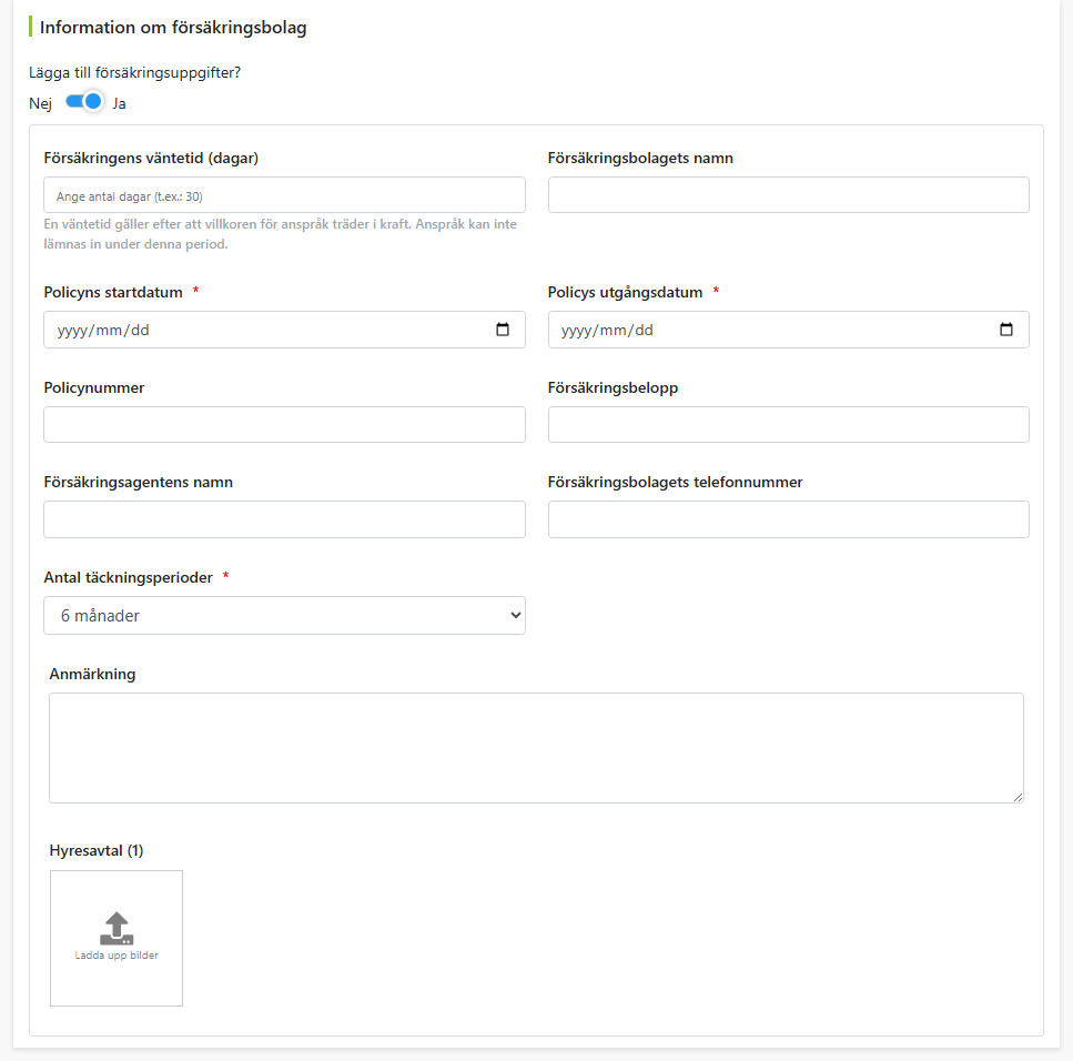 Fält för försäkringsbolagsinformation