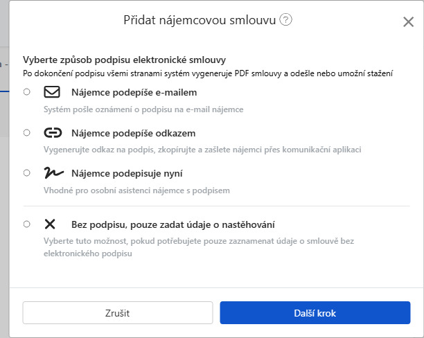 Vyberte způsob elektronického podpisu smlouvy: E-mailem, odkazem, na místě nebo bez podpisu