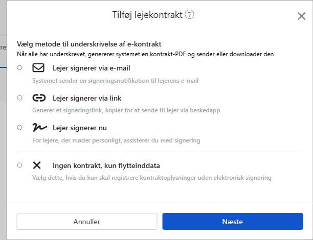 Vælg metode for elektronisk kontraktunderskrift: Email, link, personlig underskrift eller ingen underskrift