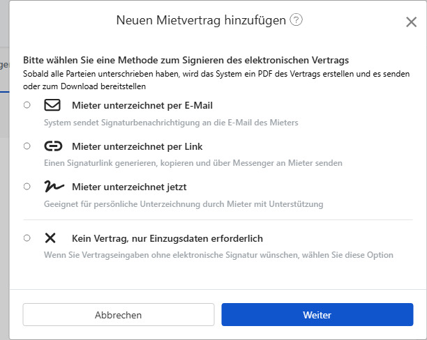 Wählen Sie die Methode zur elektronischen Vertragsunterzeichnung: E-Mail, Link, vor Ort oder keine Unterzeichnung.