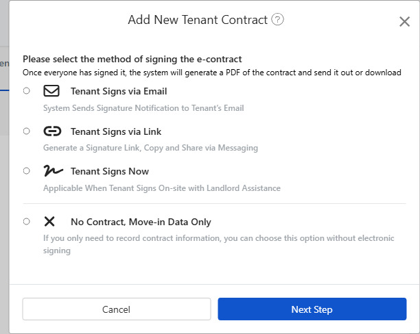 Choose e-contract signing method: Email, Link, In-Person, or No Contract