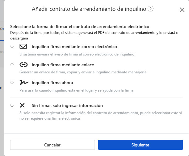 Elija método de firma de contrato electrónico: Email, enlace, en persona o no firmar