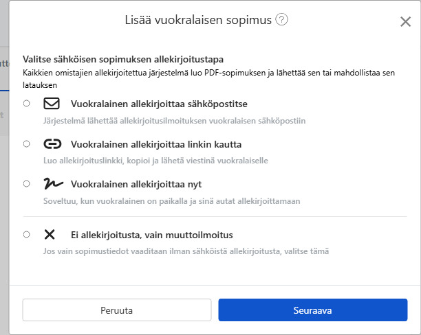 Valitse sähköisen sopimuksen allekirjoitustapa: Sähköposti, linkki, paikan päällä allekirjoitus tai ei allekirjoitusta