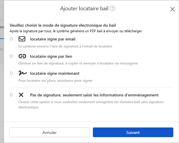 Choisissez le mode de signature électronique du contrat : Email, lien, signature sur place ou pas de signature