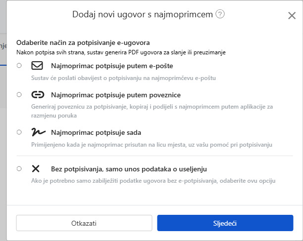 Odaberite način potpisivanja elektroničkog ugovora: Email, poveznica, potpisivanje na licu mjesta ili bez potpisa