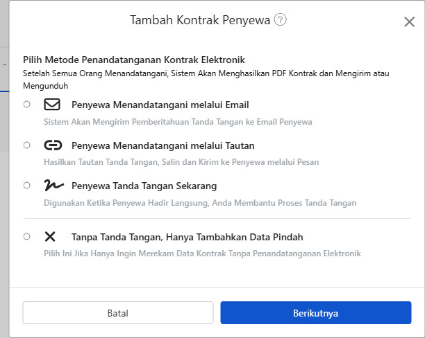 Pilih metode penandatanganan kontrak elektronik: Email, tautan, tandatangan di tempat, atau tidak menandatangani