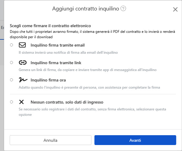 Seleziona il metodo di firma del contratto: Email, link, firma sul posto o nessuna firma