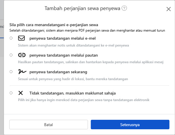 Pilih kaedah tandatangan e-kontrak: Email, pautan, tandatangan di tempat atau tiada kontrak