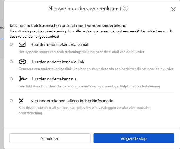 Kies elektronische ondertekeningsoptie: E-mail, link, persoonlijk ondertekenen of niet ondertekenen