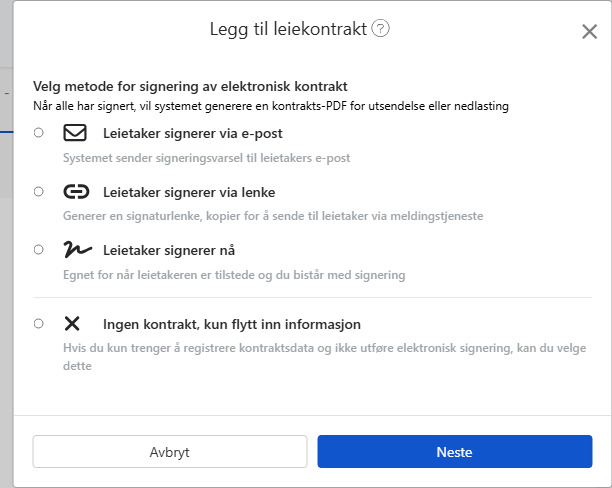 Velg signeringsmetode for e-kontrakten: E-post, lenke, på stedet eller ingen kontrakt