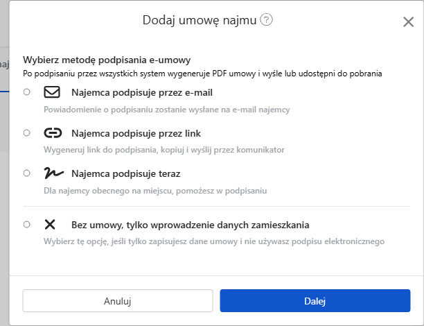 Wybierz sposób podpisania umowy: Email, link, na miejscu lub brak umowy