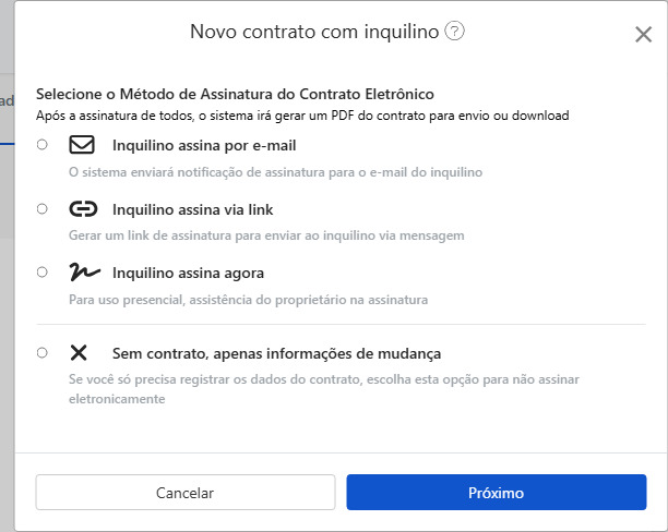 Escolha o método de assinatura do contrato eletrônico: Email, link, assinatura presencial ou sem contrato