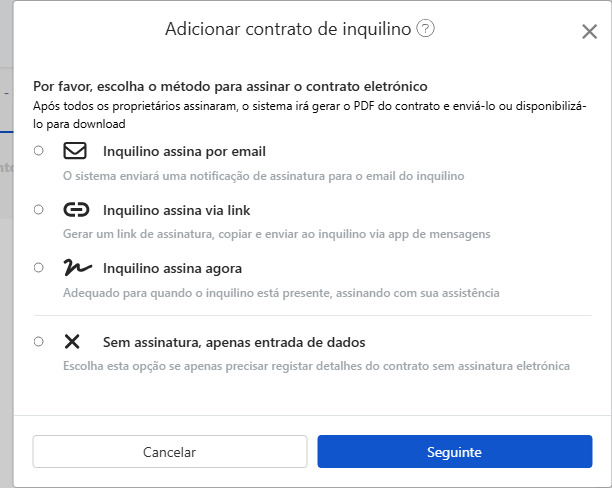 Escolher método de assinatura de contrato eletrónico: Email, link, assinatura presencial ou sem contrato
