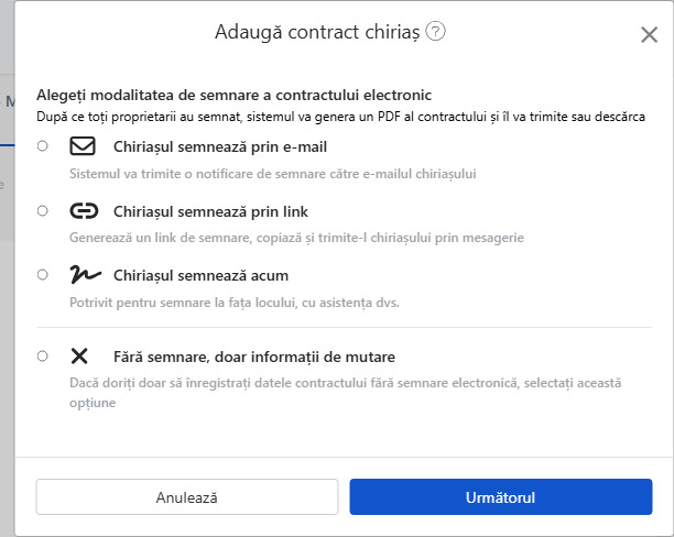 Alegeți metoda de semnare a contractului electronic: Email, link, semnare pe loc sau fără contract
