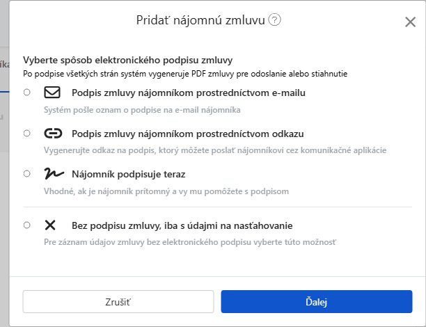 Vyberte spôsob podpisu zmluvy: Email, odkaz, osobne alebo nepodpísať