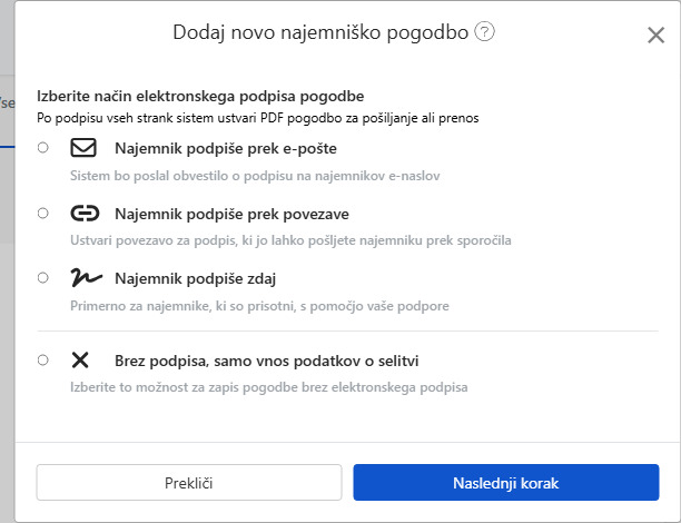 Izberite način podpisa elektronske pogodbe: E-pošta, povezava, podpis na mestu ali brez podpisa