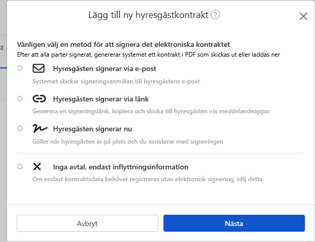 Välj metod för elektronisk signering: Email, länk, på plats eller inget avtal