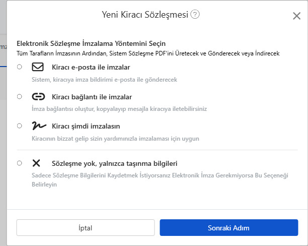 Elektronik sözleşme imzalama yöntemi seçin: E-posta, bağlantı, yerinde imza veya imzalama