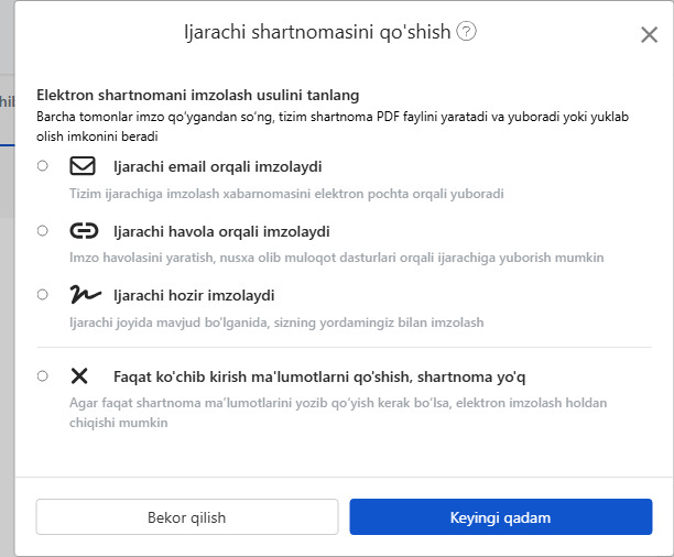 Elektron shartnoma imzolash usulini tanlang: Email, havola, o'sha yerda imzolash yoki imzolamaslik